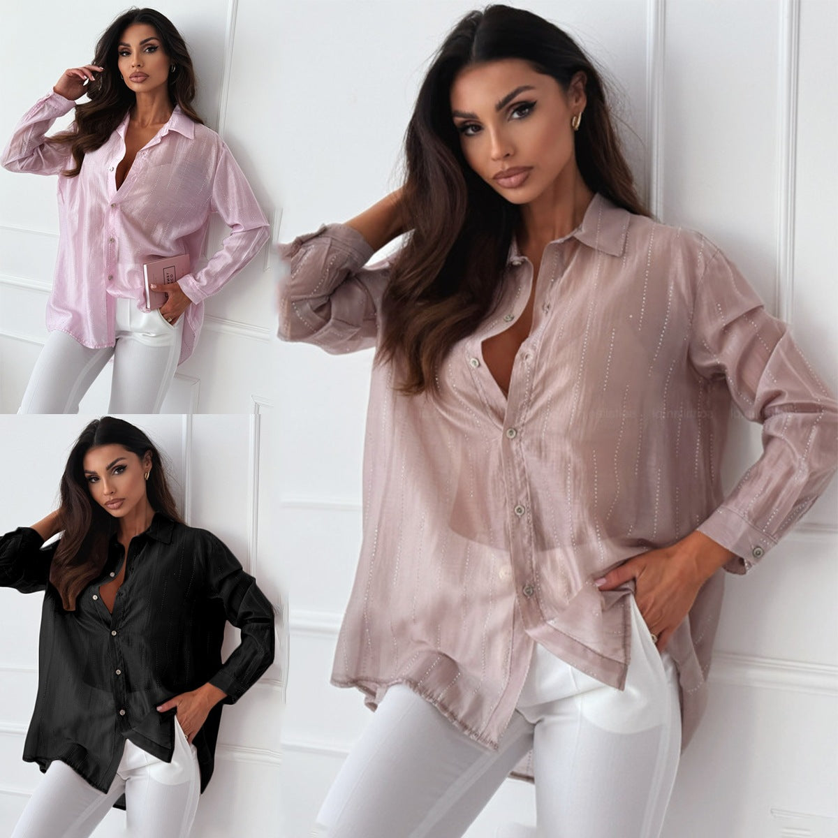 Women's Elegant Long-Sleeve Blouse with Fine Texture