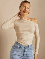Women's Asymmetrical Long-Sleeve Bodysuit with Ruching