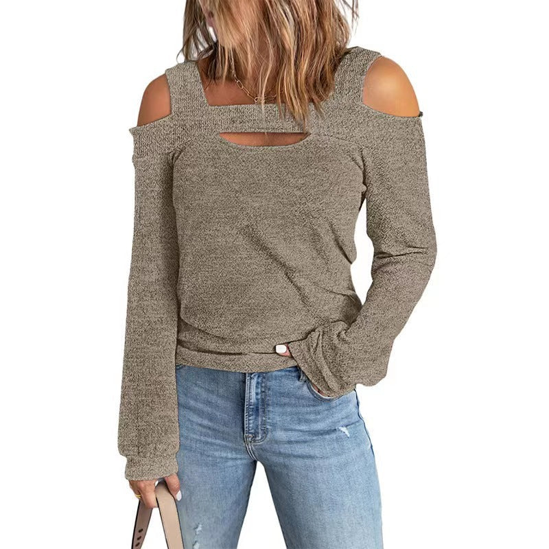 Women's Elegant Long-Sleeve Shirt with Asymmetric Cut-Out and Shoulder Design