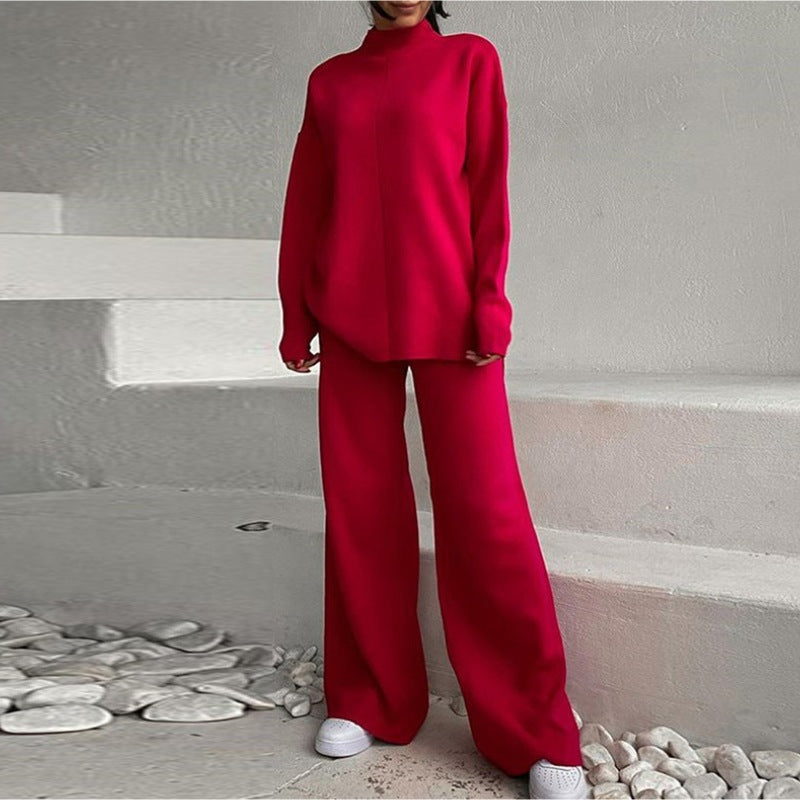 Women's Casual Knit Ensemble with Wide Cut and High Collar