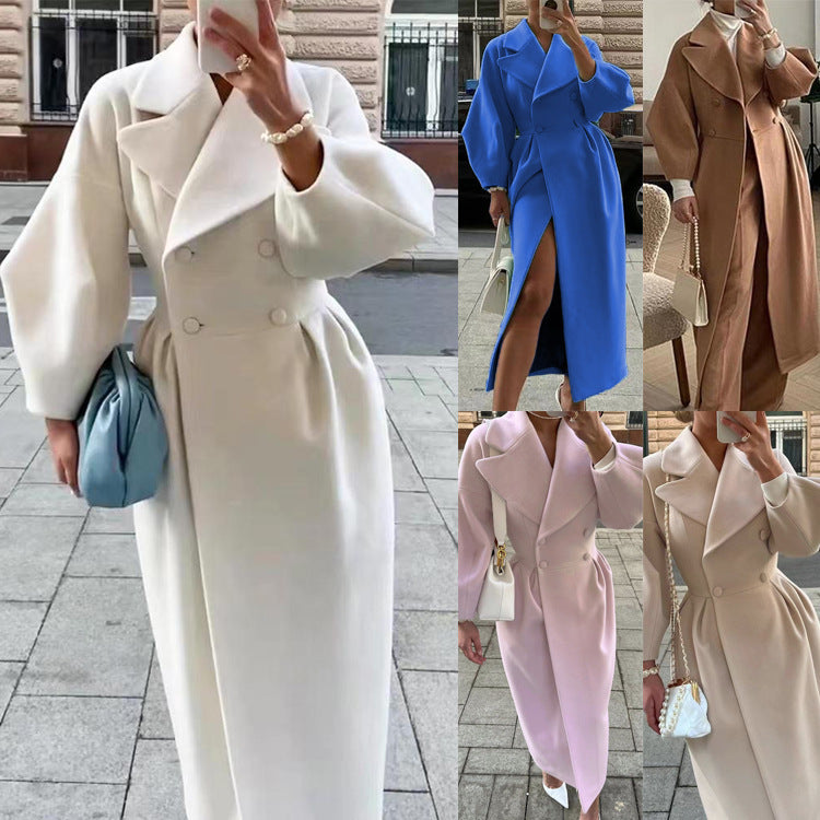 Women's Elegant Trench Coat with High Slit and Puff Sleeves
