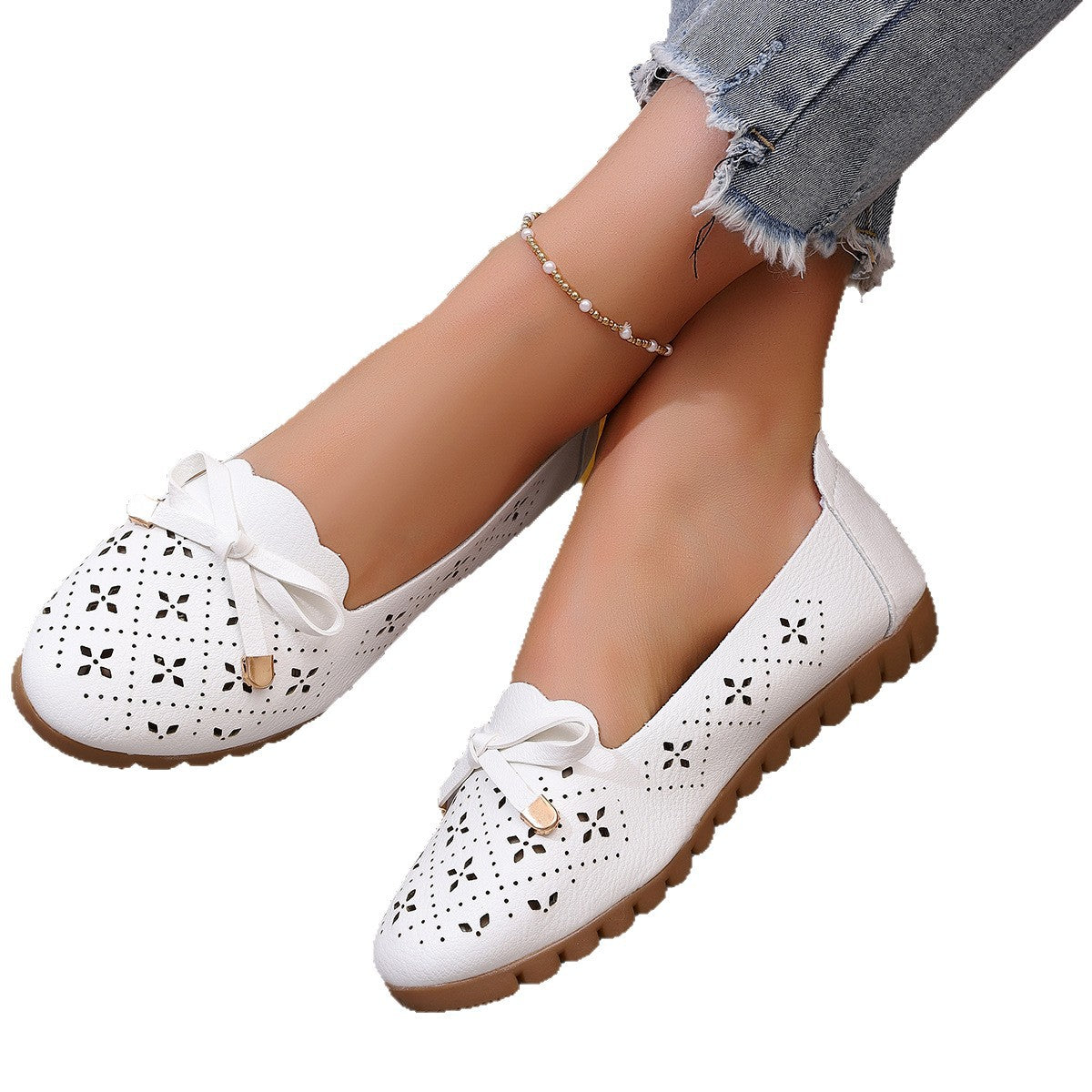 Women's Ballet Flats with Perforated Pattern and Bow Detail