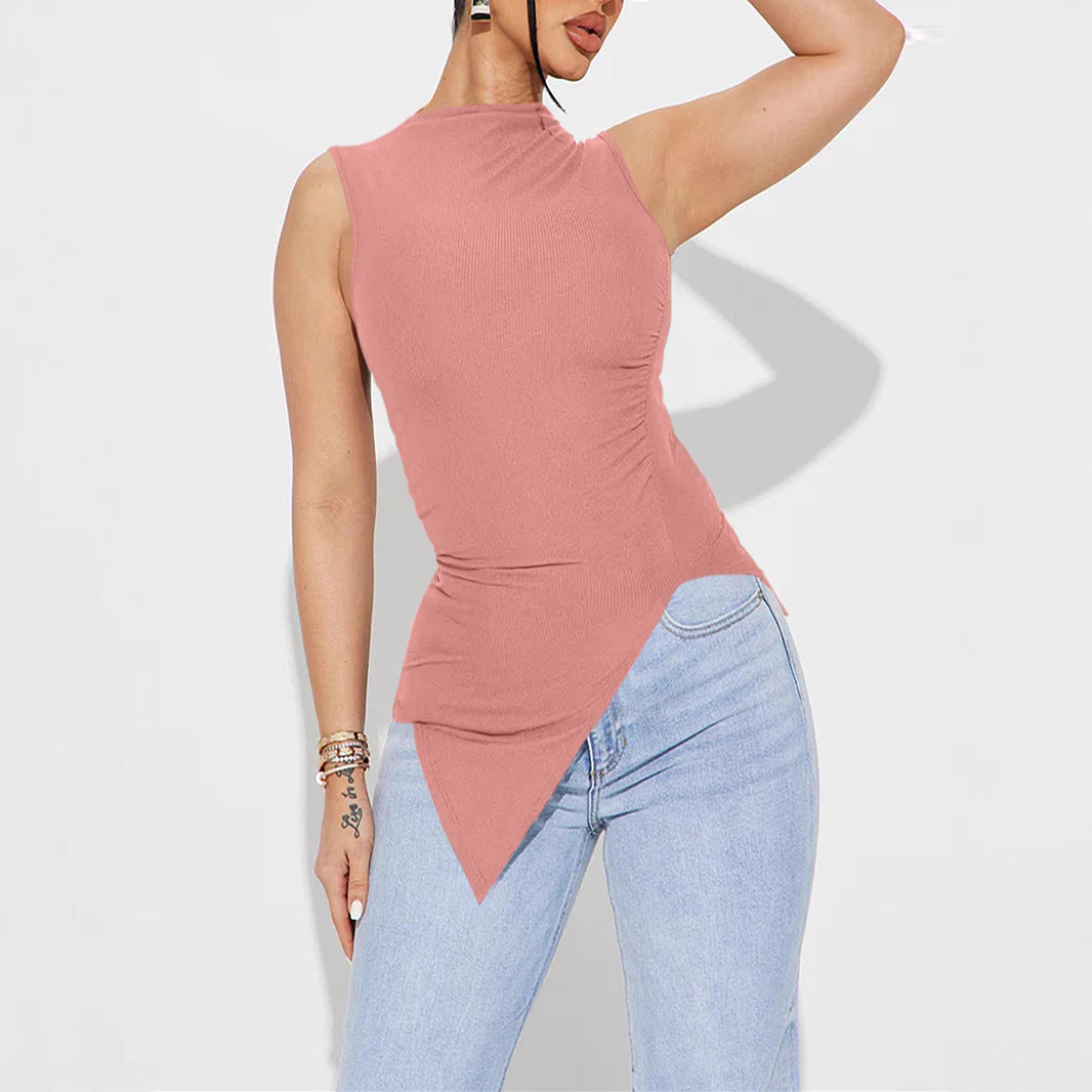 Women's Sleeveless Top with Asymmetrical Hem and Ruching