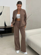 Women's Casual Zip Lounge Set with Stand Collar and Wide High-Waist Joggers