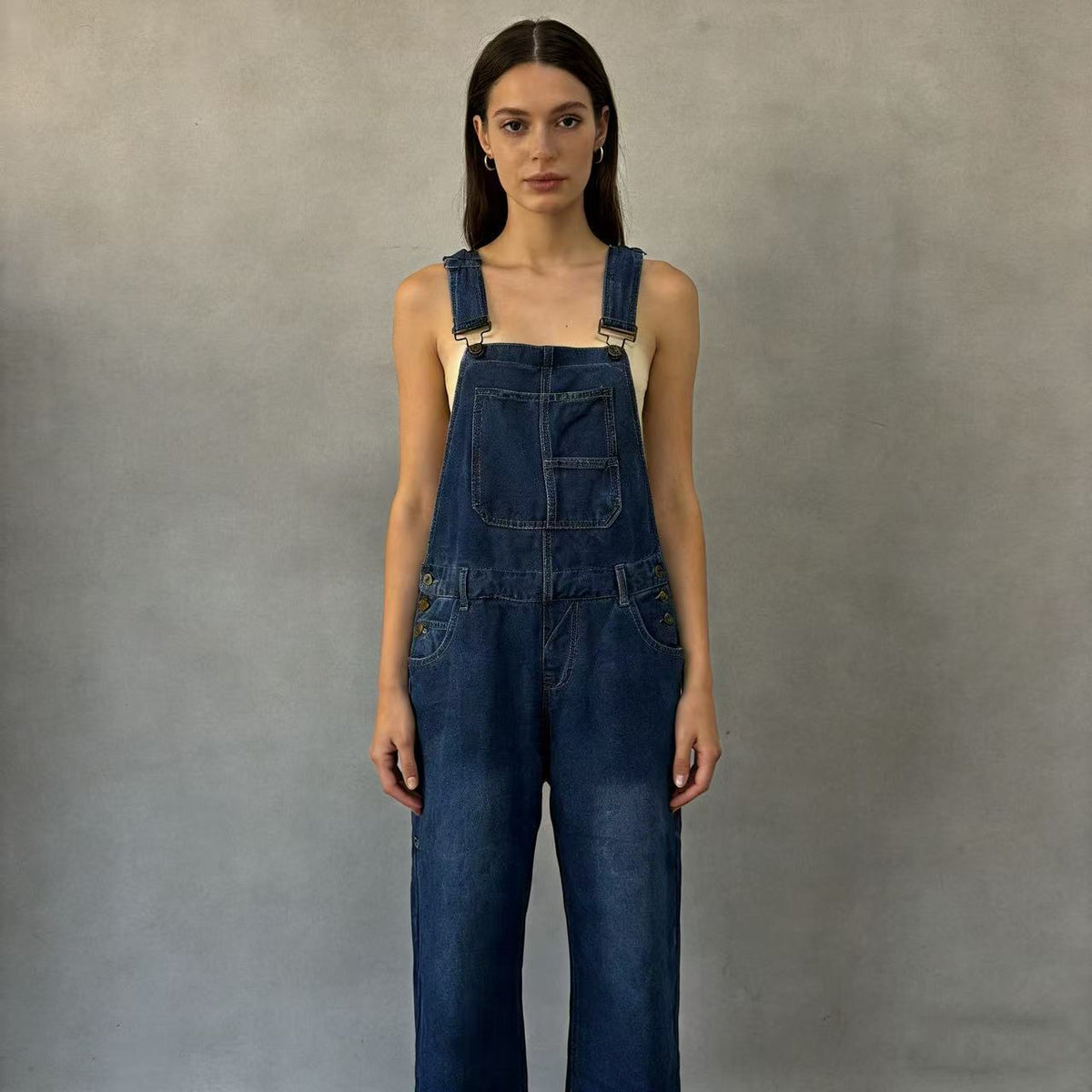 Women's Denim Overalls with Wide Leg and Low Back