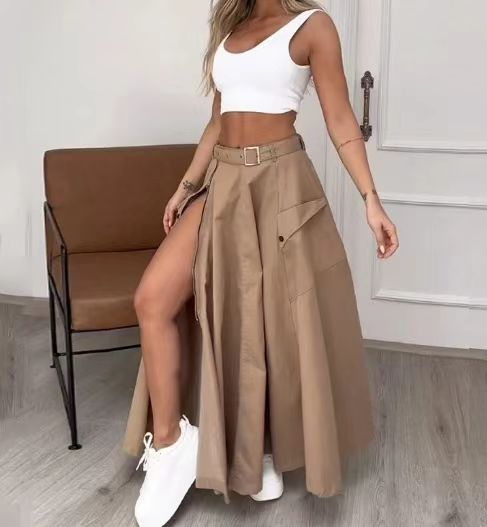 Women's Long Cargo Skirt with Side Slit and Pockets