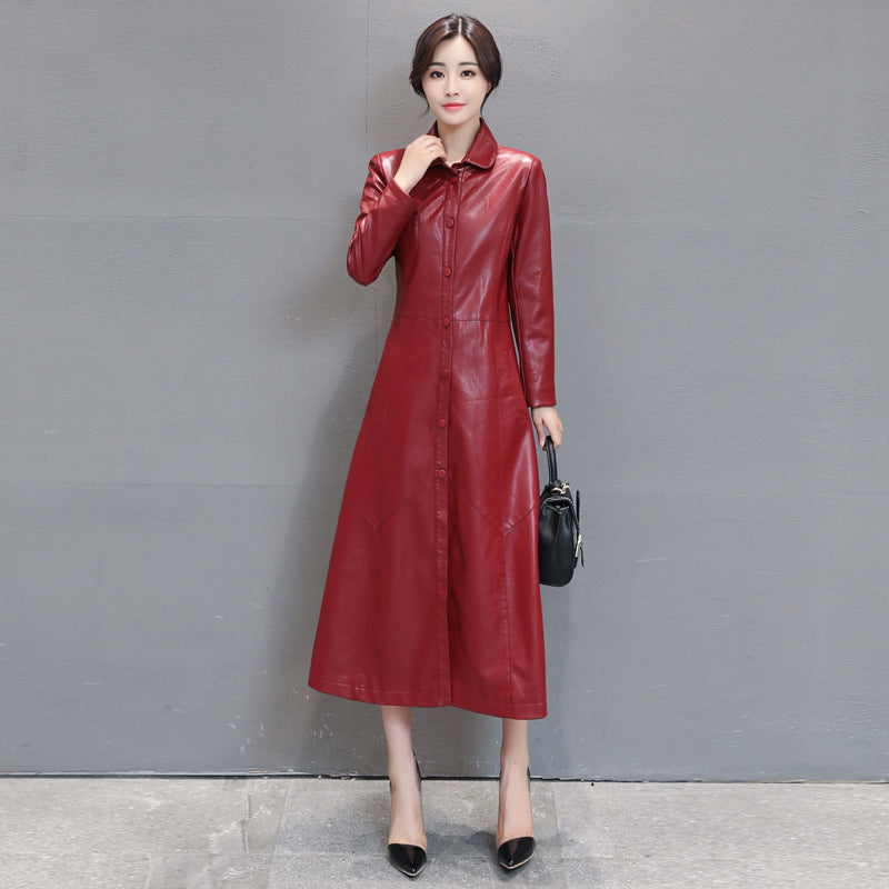 Women's Elegant Faux Leather Long Coat with Tailored Fit and Button Closure