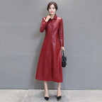Women's Elegant Faux Leather Long Coat with Tailored Fit and Button Closure