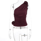 Women's Asymmetrical Ruffled Top with Floral Detail