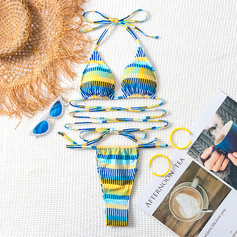 Women's Bandeau Bikini with Fashionable Stripes and Adjustable Strap System