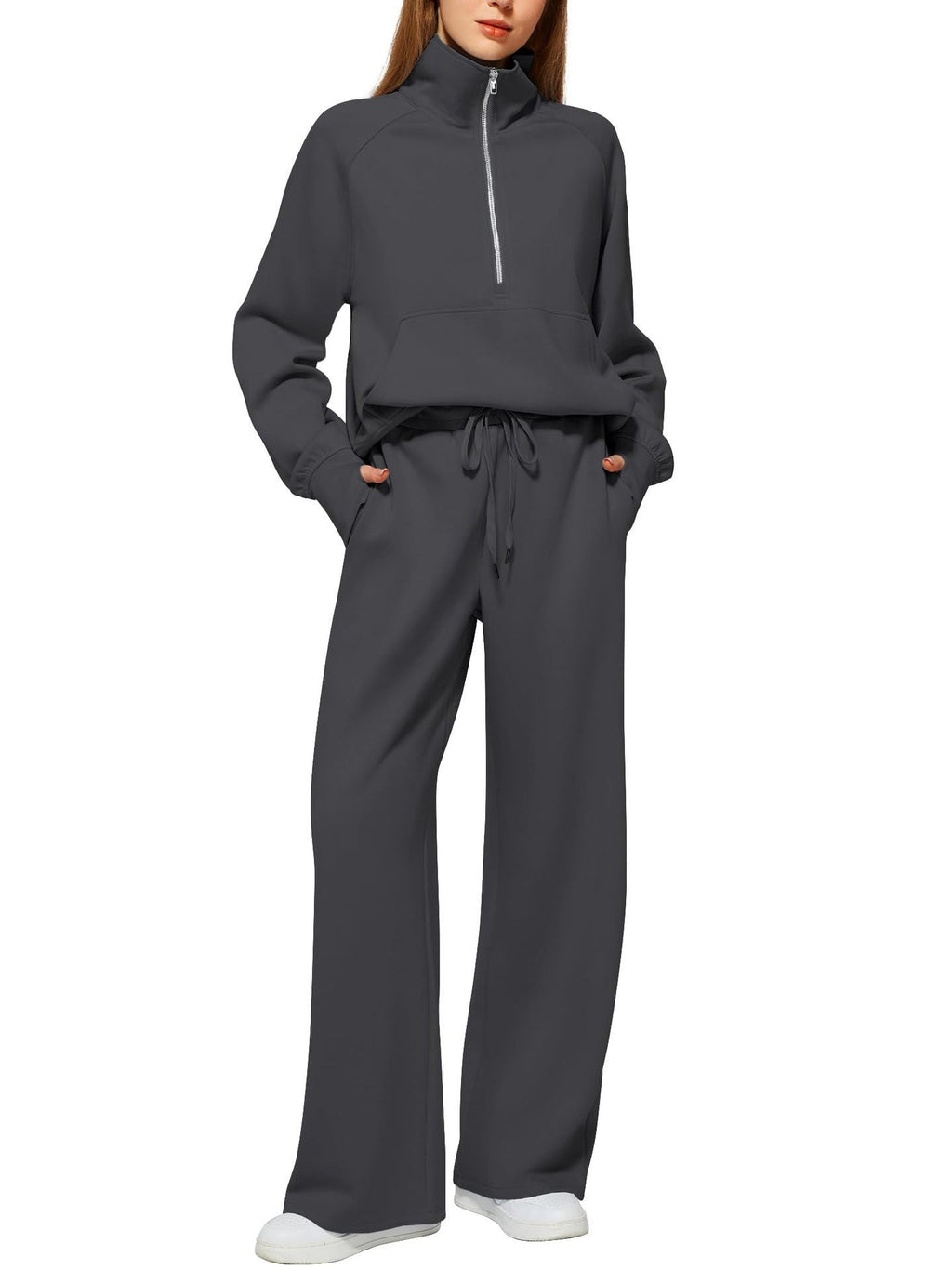 Women's Casual Sweatpants Suit with High Collar and Kangaroo Pocket