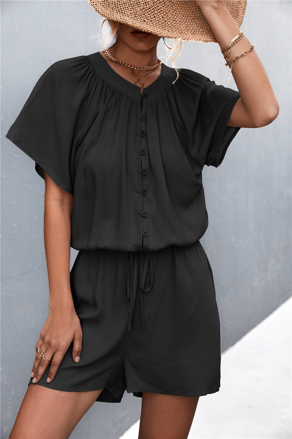 Women's Jumpsuit with Elastic Waist and Button Front