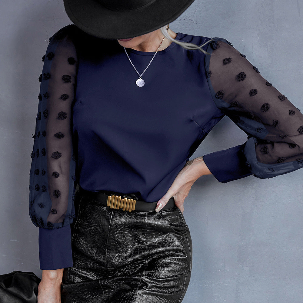 Women's Blouse with Sheer Puff Sleeves and Decorative Detail