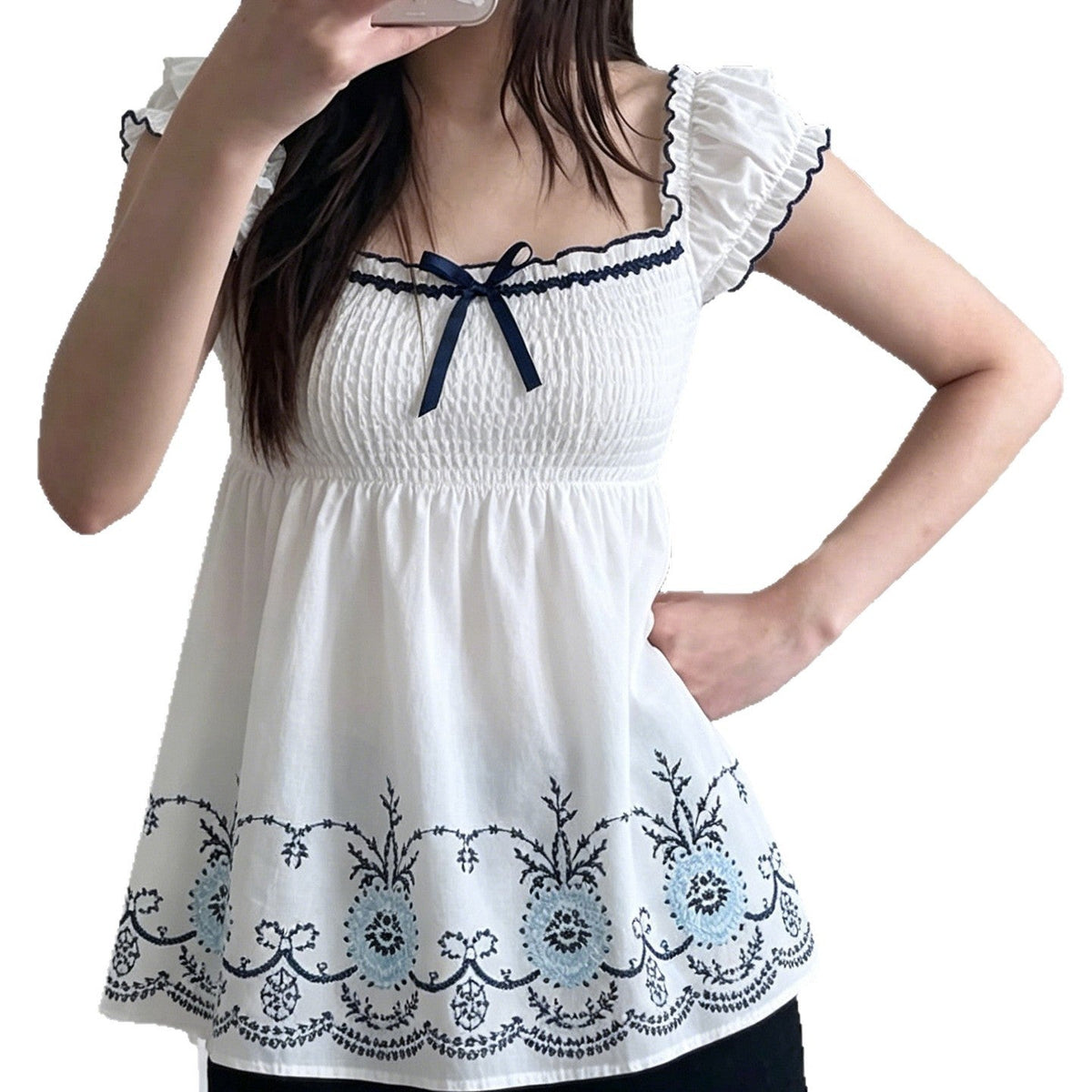 Women's Cotton Blouse with Floral Embroidery and Ruffled Hem