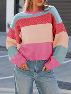 Women's Chunky Knit Sweater with Color Block Design and Oversized Fit