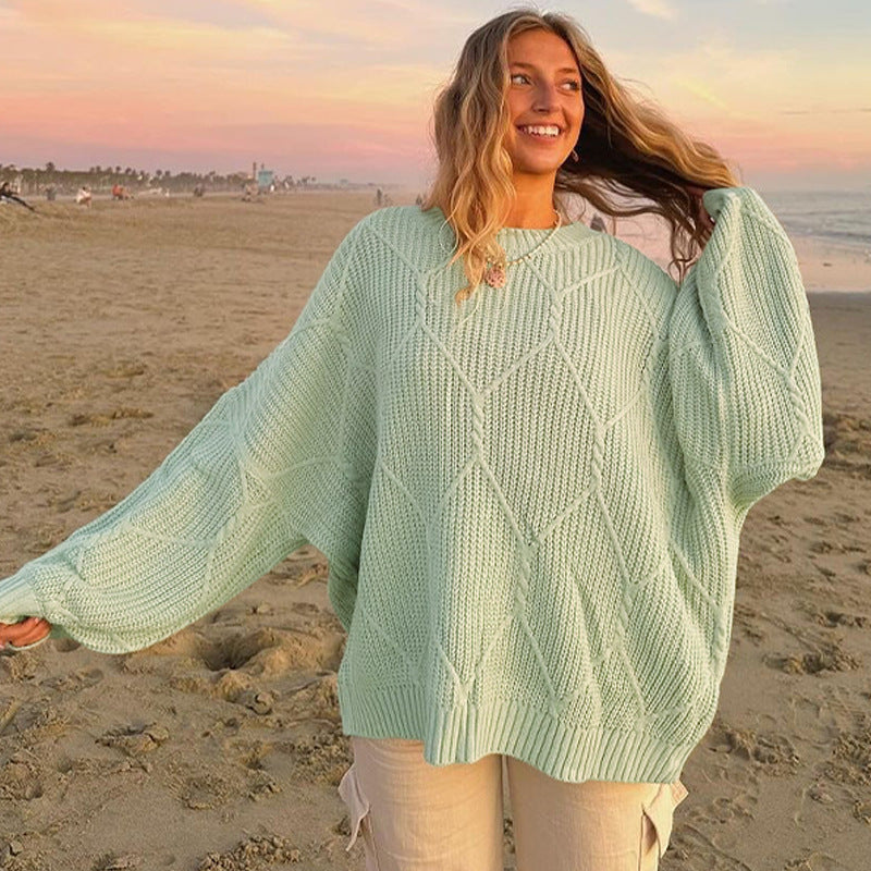 Women's Chunky Knit Sweater with Asymmetric Cut and Wide Hem