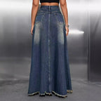 Women's Long Denim Skirt with Frayed Hem