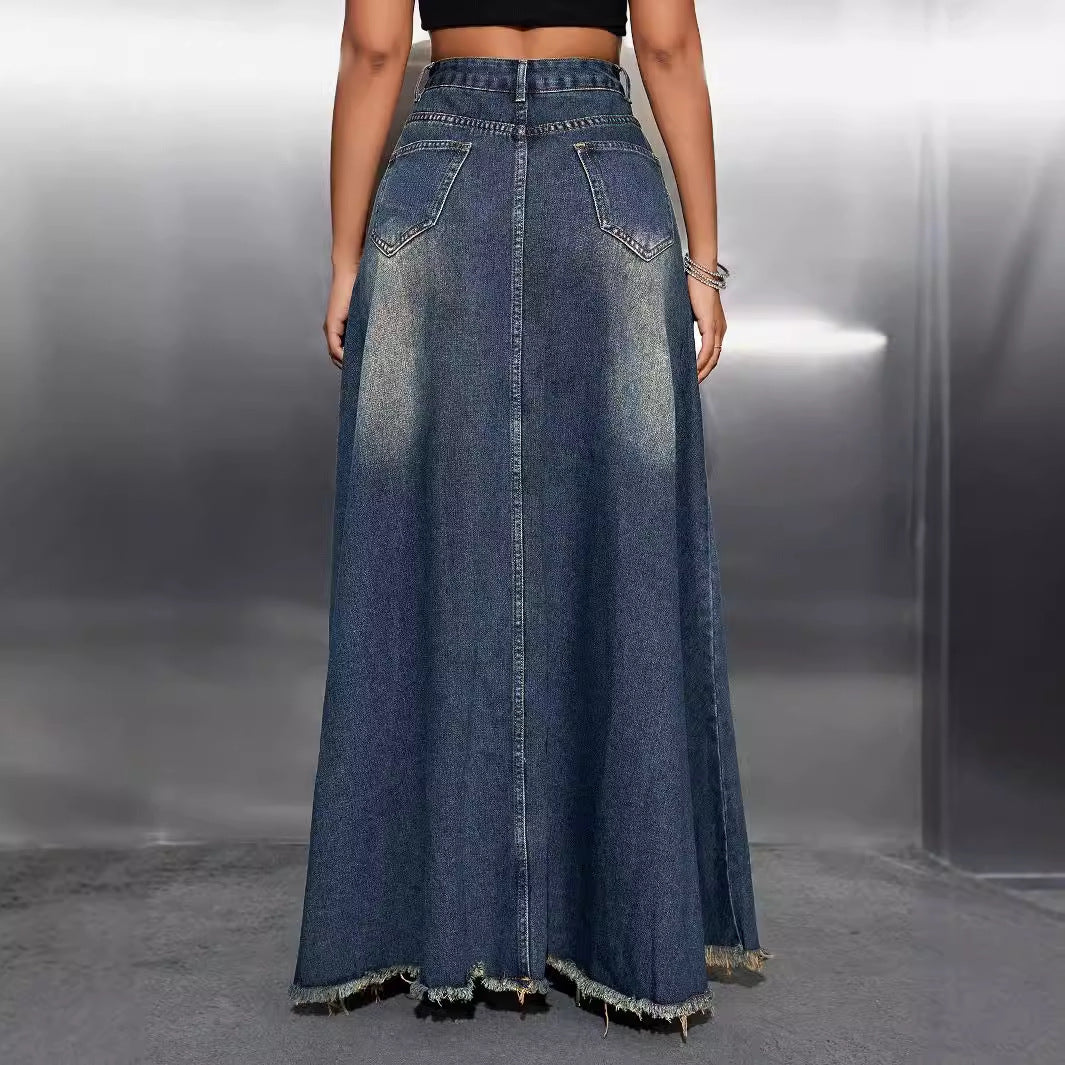 Women's Long Denim Skirt with Frayed Hem