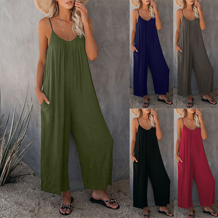 Women's Casual Summer Jumpsuit with Deep Neckline and Pockets