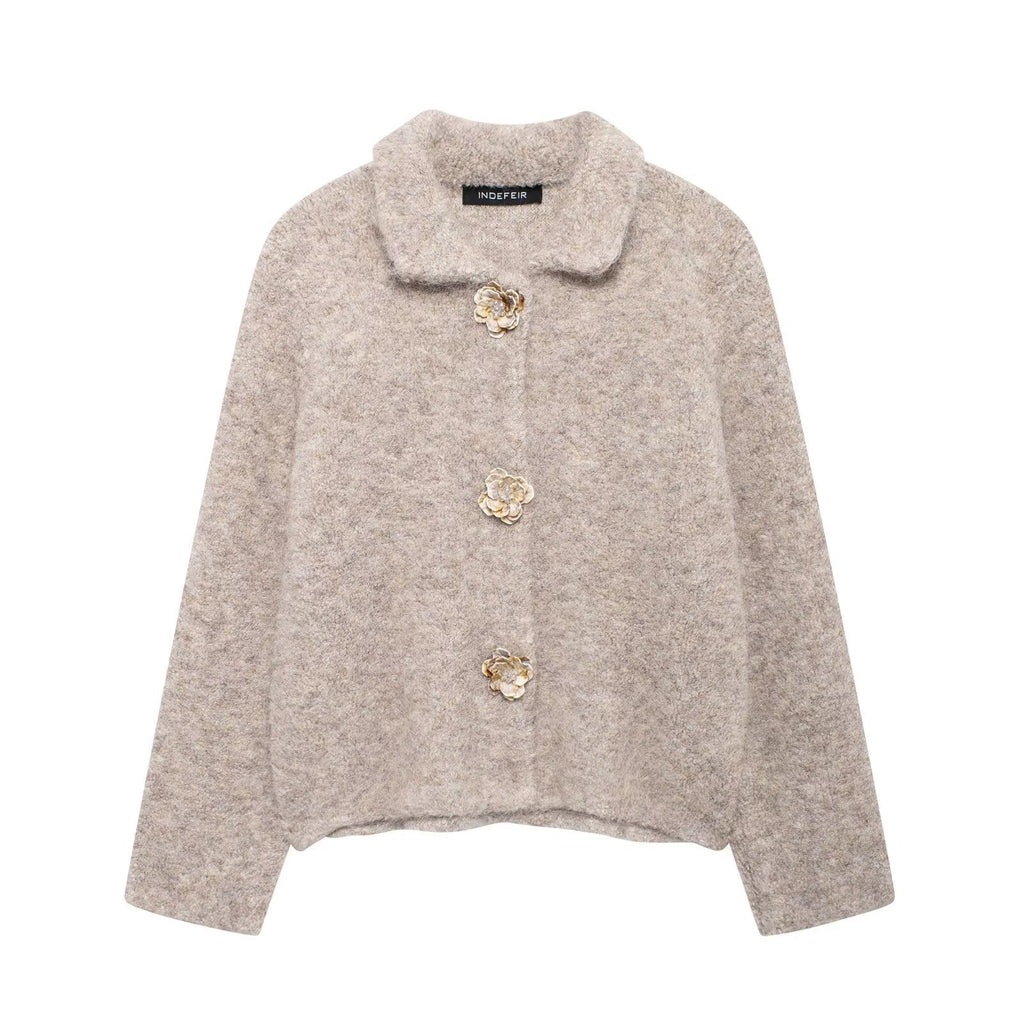 Women's Elegant Wool Jacket with Decorative Flower Buttons
