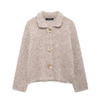 Women's Elegant Wool Jacket with Decorative Flower Buttons