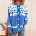 Women's Cozy Cardigan with Blue Patterns and Button Closure