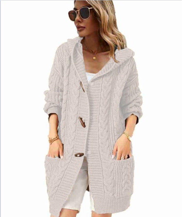 Women's Chunky Knit Coat with Hood and Pockets