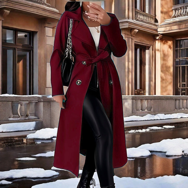 Women's Elegant Trench Coat with Waist Belt and Double-Breasted Details