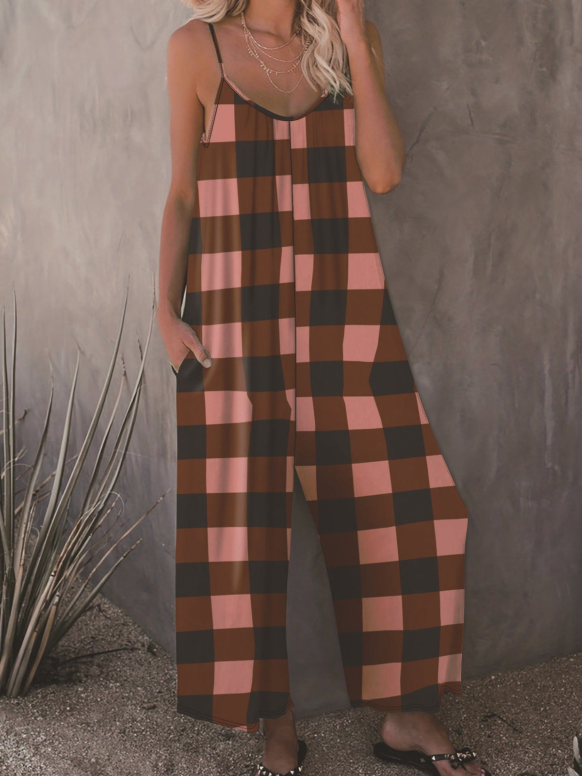 Women's Casual Plaid Jumpsuit with Pockets