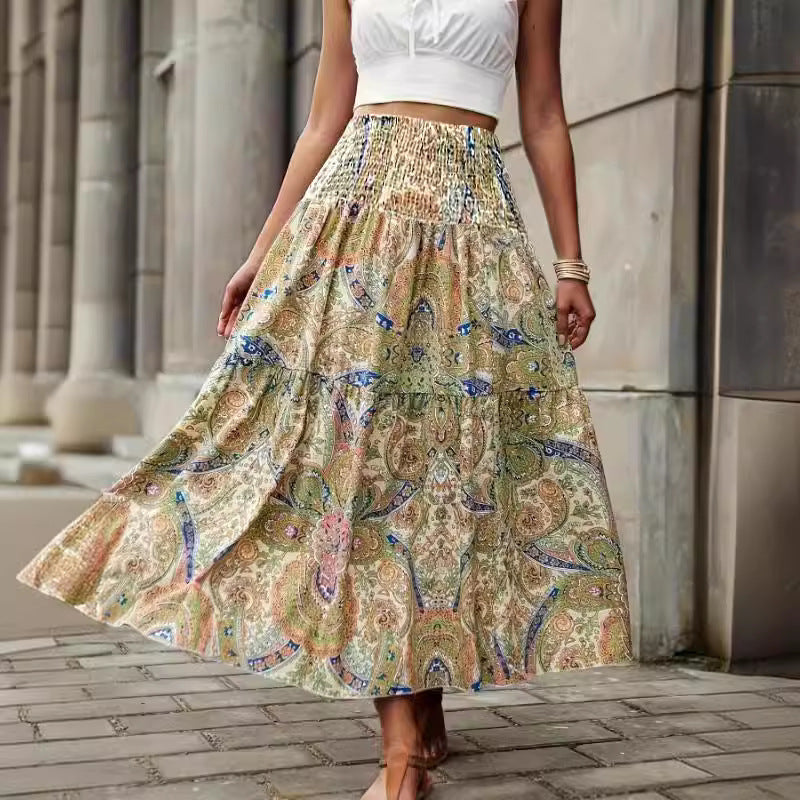 Women's Maxi Skirt with Paisley Pattern and Elastic Waist