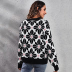 Women's Patterned Knit Sweater with Floral Design and High Collar