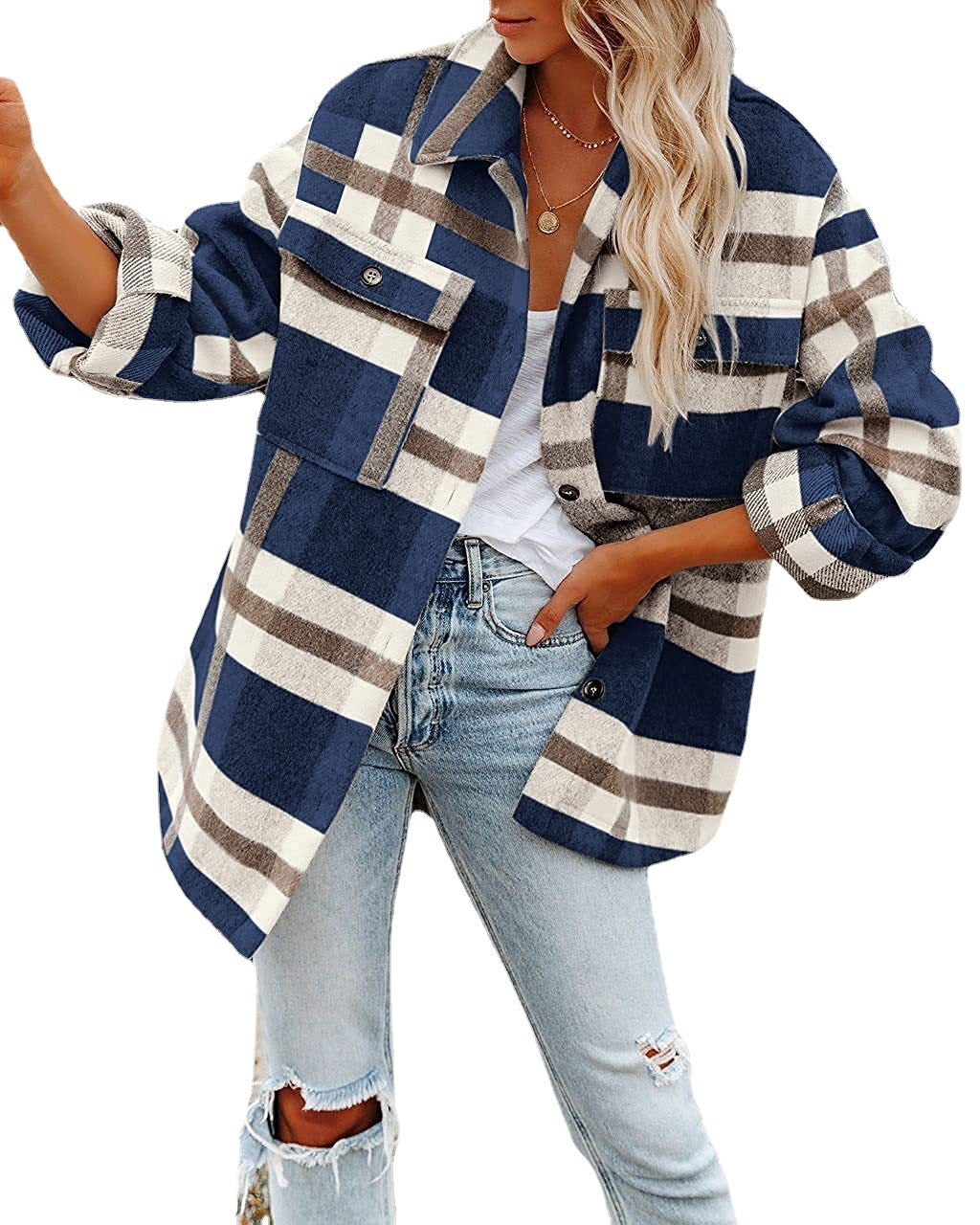 Women's Plaid Wool-Blend Coat with Practical Pockets