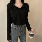 Women's Long-Sleeve Henley Shirt with Modern Collar and Button Placket