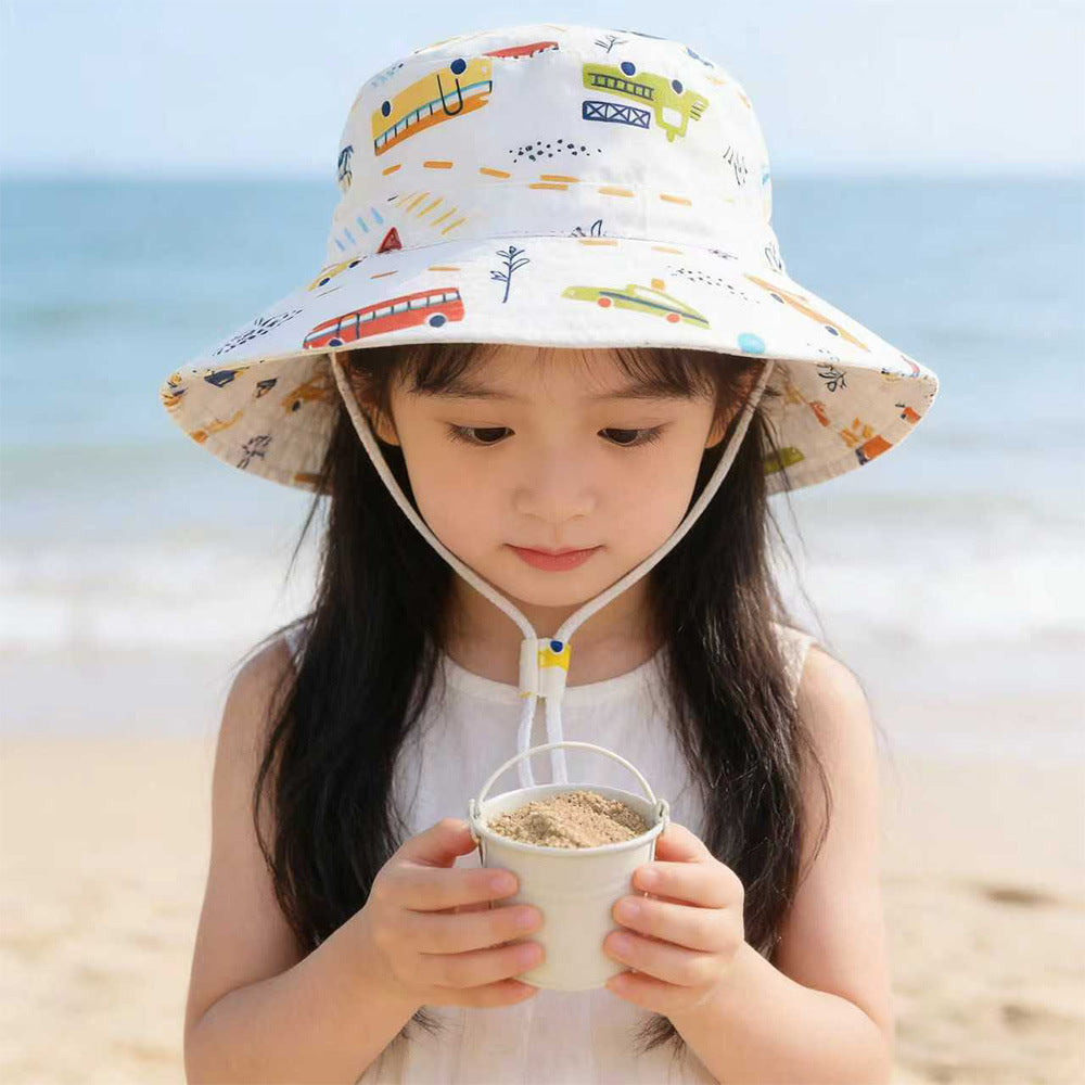 Unisex Kids' Wide Brim Sun Hat with Chin Strap and Unicorn Print