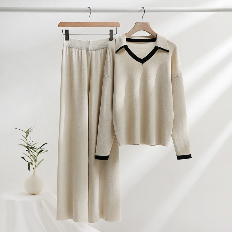 Women's Cozy Knit Loungewear Set with Contrasting Collar and Wide Leg