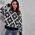 Women's Patterned Knit Sweater with Floral Design and High Collar