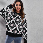 Women's Patterned Knit Sweater with Floral Design and High Collar