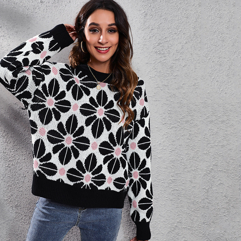 Women's Patterned Knit Sweater with Floral Design and High Collar