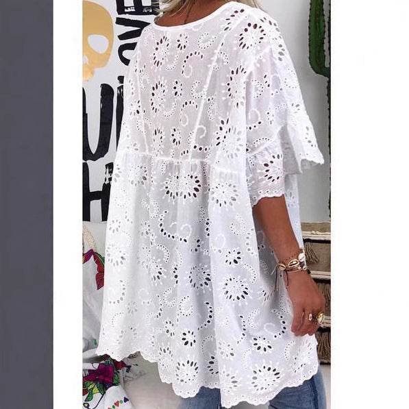 Women's Blouse with Floral Embroidery and Wide Sleeves