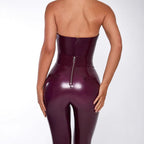 Women's Bodycon Jumpsuit in Glossy Material with Deep V-Neck