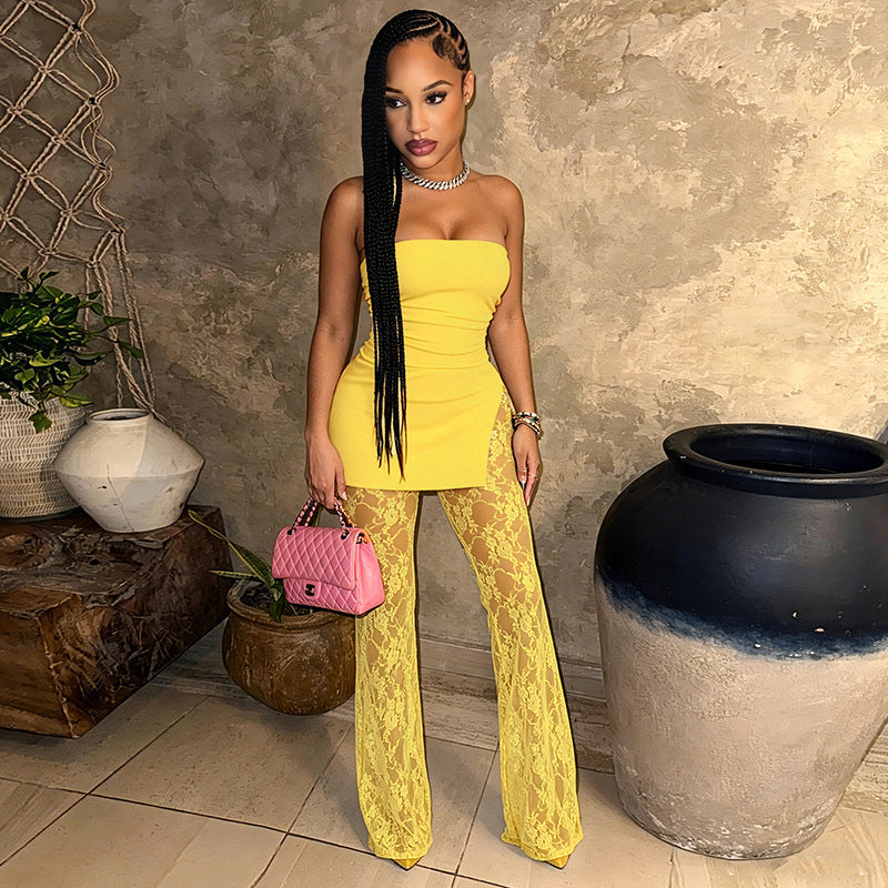 Women's High-Quality Layered Look Jumpsuit with Lace Accents