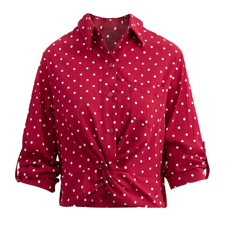 Women's Short Sleeve Knot Shirt with Polka Dot Pattern