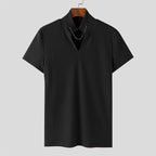 Women's Short-Sleeve Shirt with V-Neck and Textured Ribbed Pattern