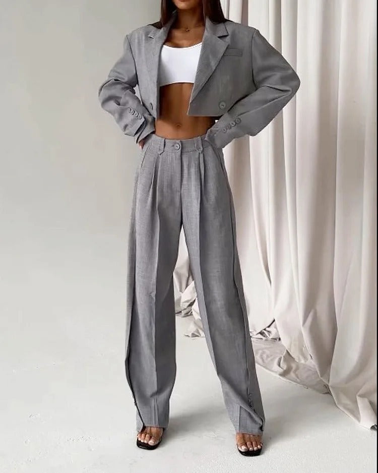 Women's Fashionable Two-Piece Suit with Cropped Blazer and Wide Waistband