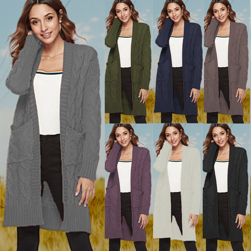 Women's Chunky Knit Cardigan with Deep Pockets and Decorative Cable Knit
