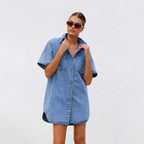 Women's Denim Shirt Dress with Short Sleeves and Pockets