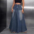 Women's Long Denim Skirt with Frayed Hem