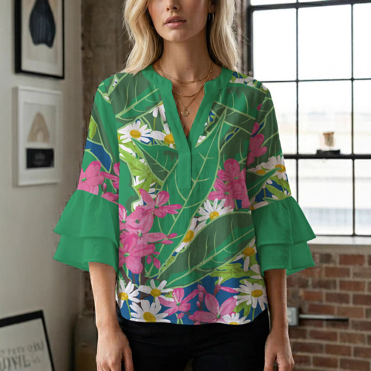 Women's Floral Blouse with Voluminous Sleeves