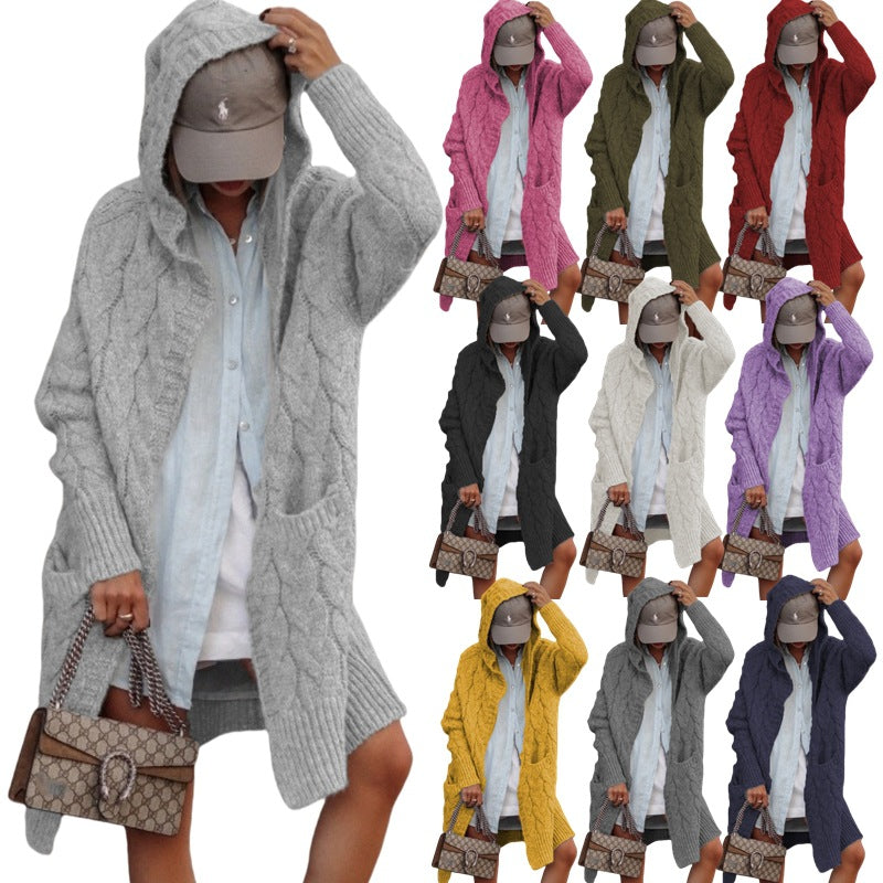 Women's Chunky Knit Cardigan with Hood and Cable Design