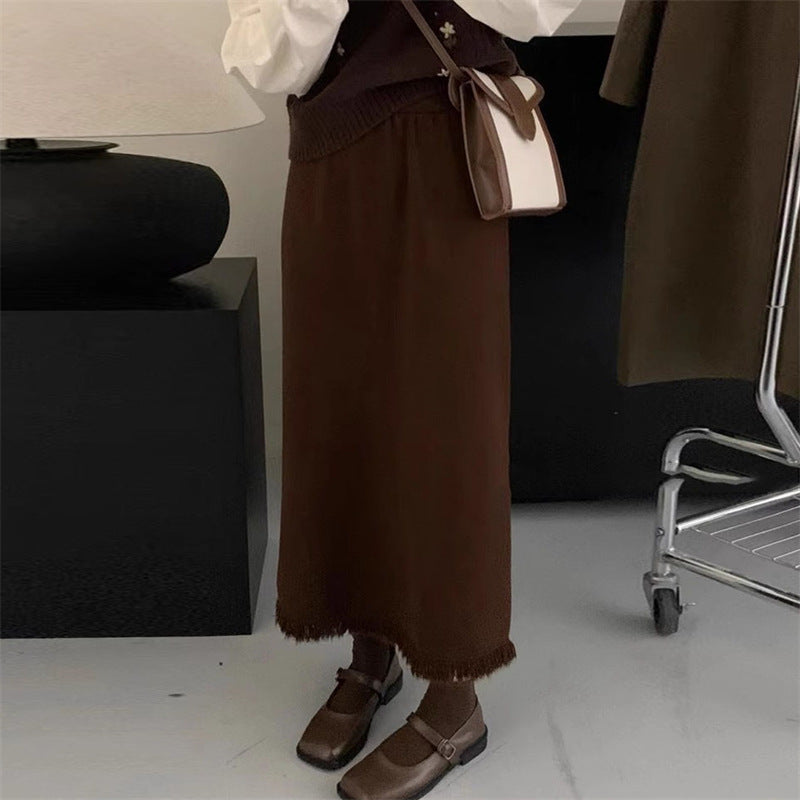 Women's Fashionable Midi Skirt with Fringed Hem